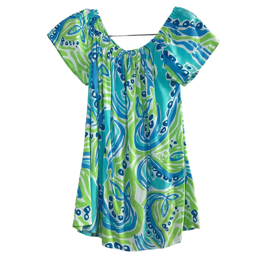 Escapada Womens Blue Green Abstract Print Ruffle Neck Tunic Top Small Resort